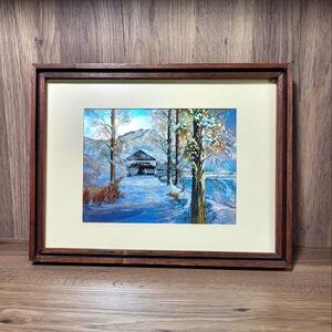 Vintage Foil Engraving Picture Art Bridge Winter Snow Lake Trees Outdoors Rustic